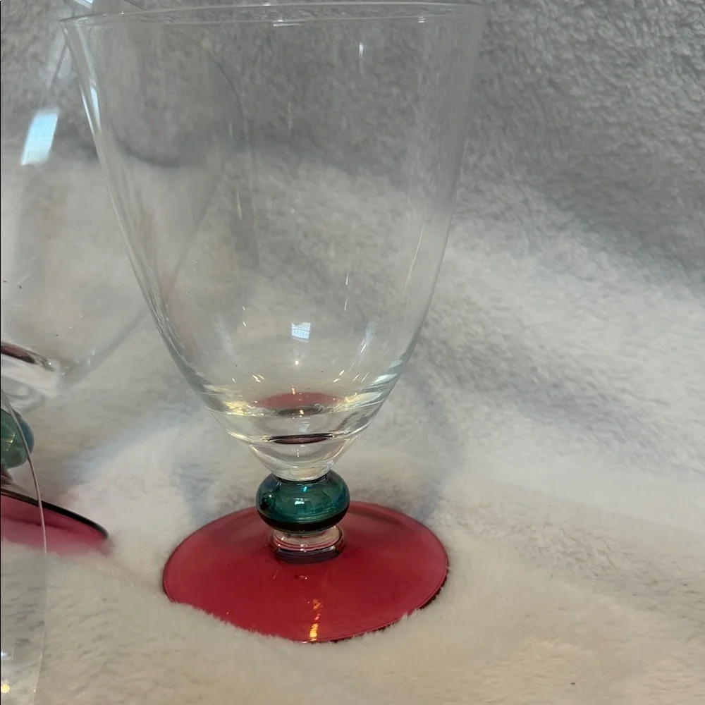 Crate & Barrel Red Base Wine Glass Set with Green Accents - Like New